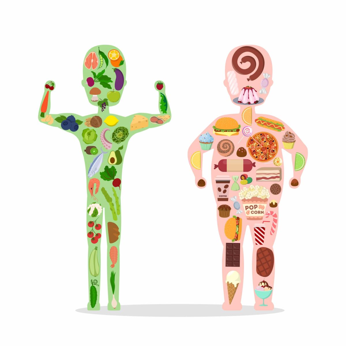Body type illustration of healthy individual  who consumes good fats next to body type illustration of unhealthy overweight individual who consumes bad fats