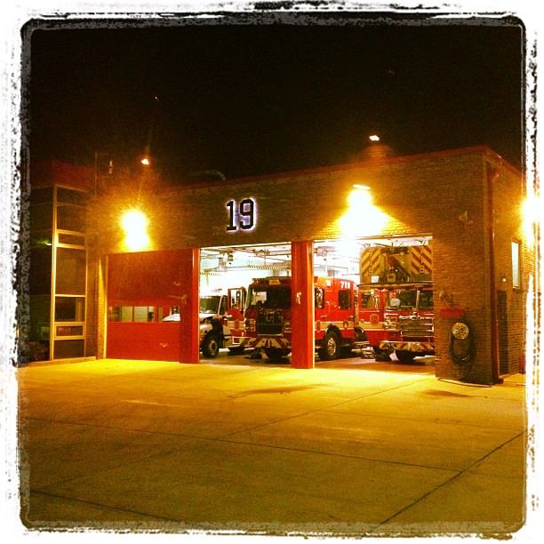 Exterior of Fire Station Number 19 at night