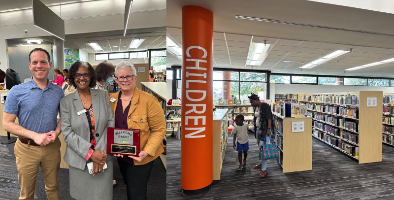並排合影：議會主席格拉斯與 Ari Brooks 和 Anita Vassallo 合影；媽媽和孩子在兒童圖書區瀏覽書籍。