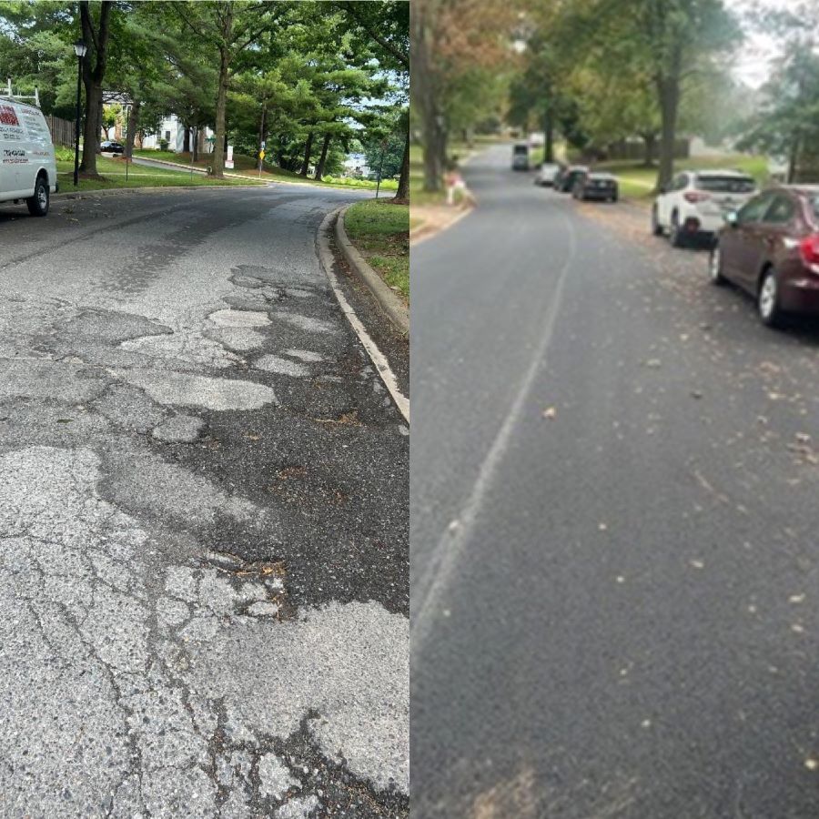 Fotos antes y después de la repavimentación de la calle en la comunidad de Meadowvale.