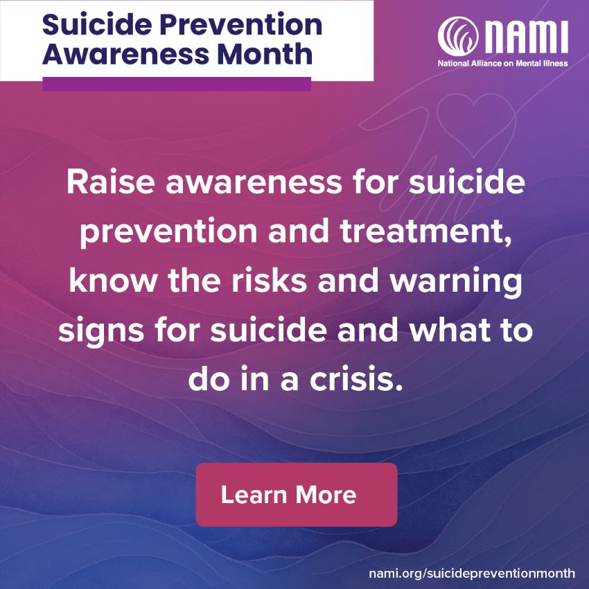 Infografico del mes de la prevencion del suicidio. Credito: NAMI.