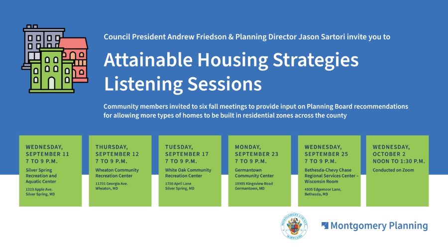 Infografía sobre las sesiones de las estrategias de vivienda asequible conocida en inglés como Attainable Housing Strategies incluyendo la agenda de las reuniones.