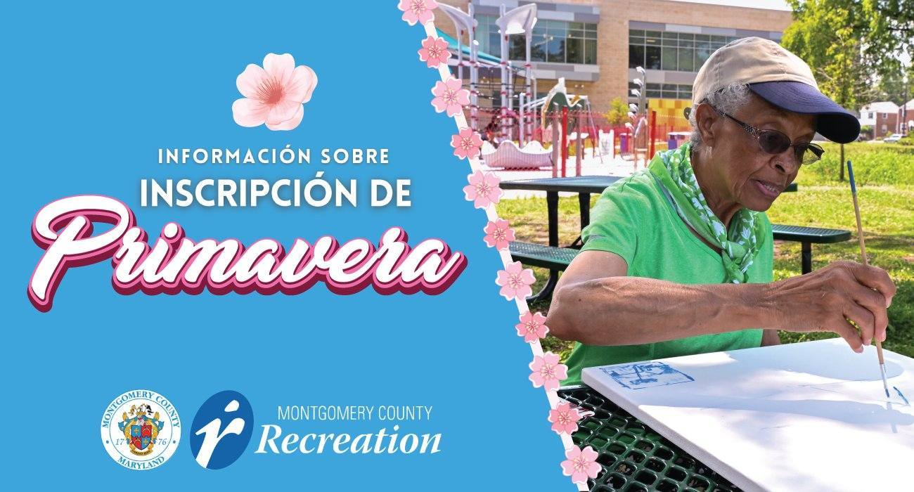 Gráficos de la Inscripción de Primavera del Departamento de Recreación del Condado presentando a un hombre pintando.