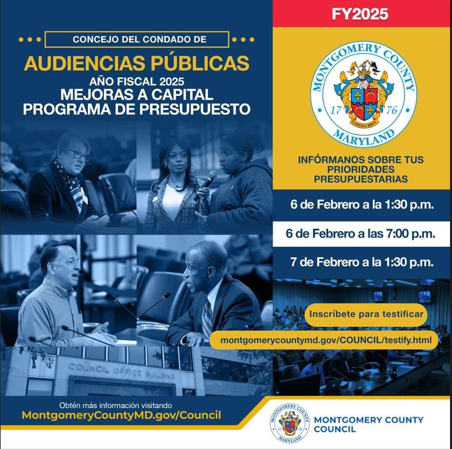 Infográfico de la audiencia pública sobre el Presupuesto del Programa de Mejora de Capital a realizarse el 6 de febrero a la 1:30 p.m. y 7:00 p.m. y miércoles 7 de febrero a la 1:30 p.m.