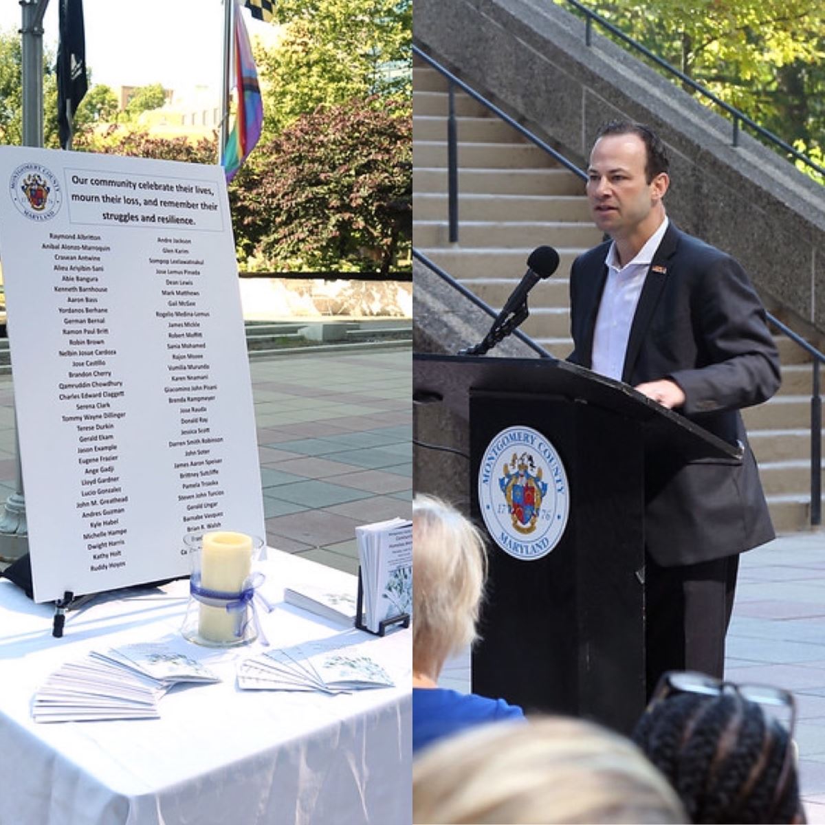 De lado a lado foto de la exhibición memorial y el presidente del Concejo Andrew Friedson hablando en un podium. 