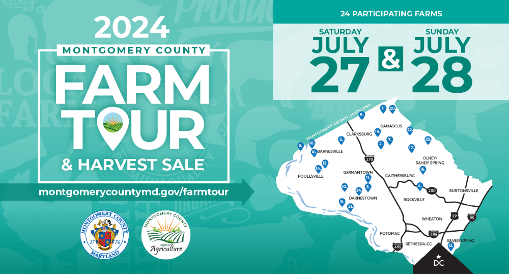 宣傳畫包含蒙哥馬利郡地圖以及 2024 年農場之旅和豐收銷售的農場位置。