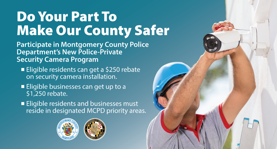 Infographie du programme d'incitation pour les caméras de sécurité : « Endossez vos responsabilités pour rendre notre comté plus sûr. »