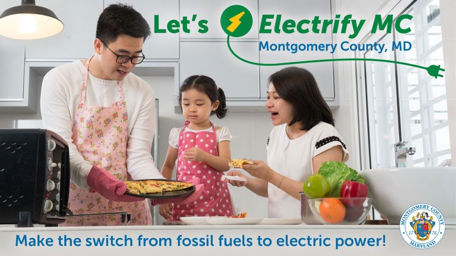 Graphique pour le programme Electrify MC représentant une famille préparant un repas dans une cuisine.