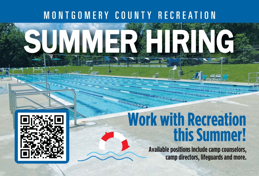 Gráfico promoviendo los empleos de verano del Departamento de Recreación del Condado de Montgomery con una piscina de fondo.