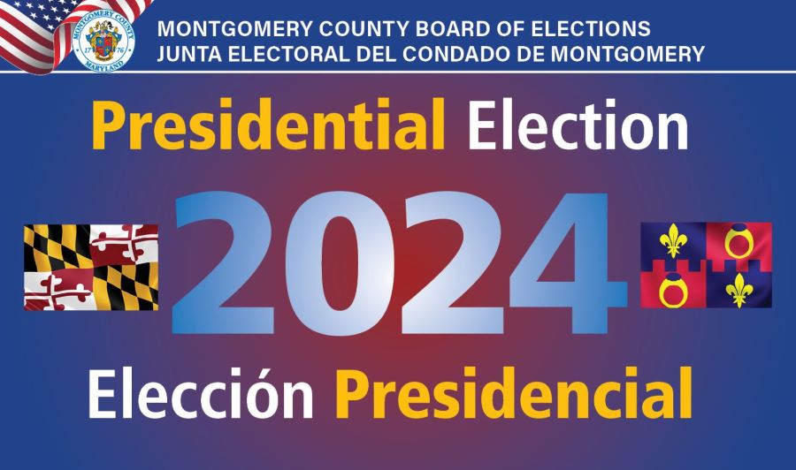 Infografía de las elecciones presidenciales de 2024 de la junta de elecciones del Condado de Montgomery llamada en inglés Montgomery County Board of Elections con las banderas de Maryland y del Condado de Montgomery.