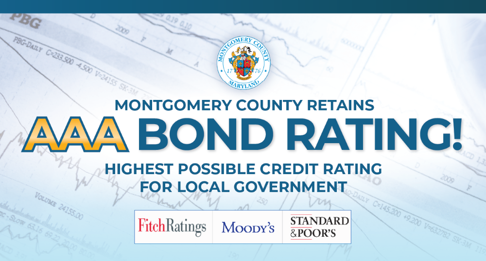 Infografía la cual se leería en español como “El Condado de Montgomery continua con el AAA Bond Rating”, en inglés “Montgomery County retains AAA Bond Rating!” con datos financieros en la parte posterior.