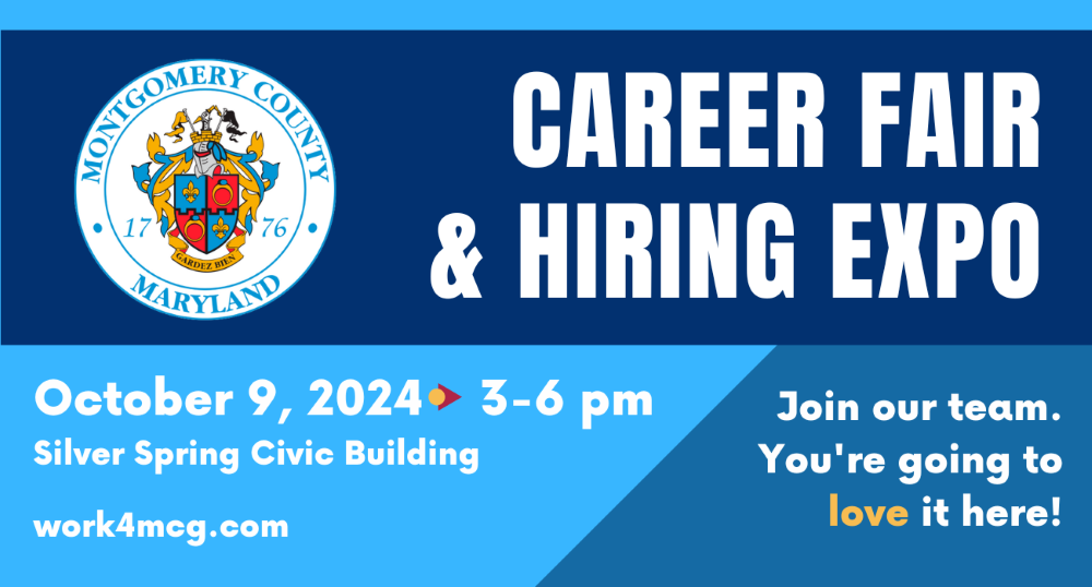 Career Fair and Hiring Expo blue and white infographic with County seal reading “Join our team. You’re going to love it here!”.