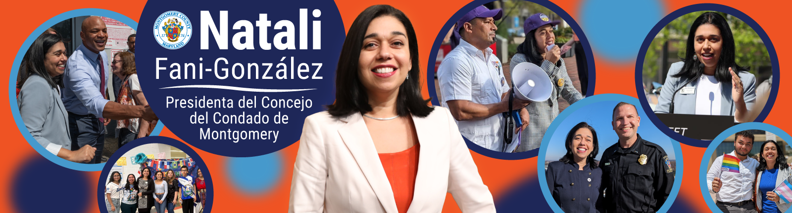 Natali Fani Gonzalez Presidenta del Concejo del Condado de Montgomery. Fotos de Fani-Gonzalez con el Gobernador Moore y miembros de la comunidad.