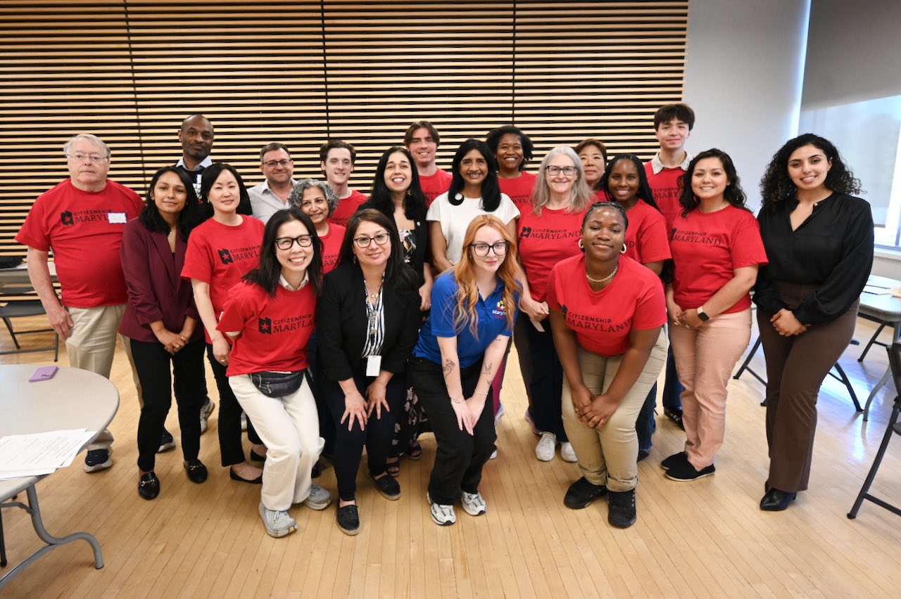 Council President Fani-González, Lt. Gov. Aruna Miller and a team of staff and volunteers at the citizenship clinic. Volunteers wear “Citizenship Maryland” shirts.
