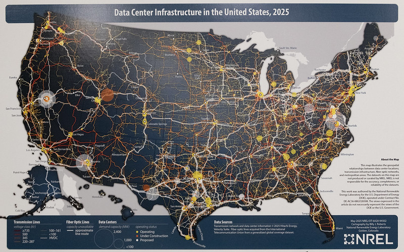 Map displaying data center infrastructure in the U.S., 2025. Logo: National Renewable Energy Laboratory (NREL).