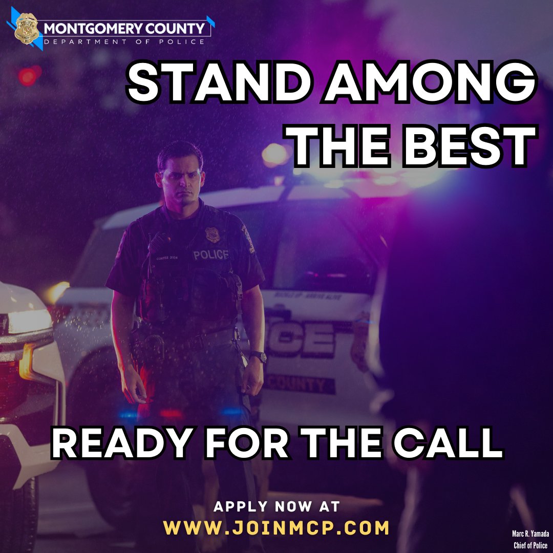 An officer stands in front of a police vehicle. Text: Stand among the best. Ready for the call. Apply now at www.joinmcp.com. Logo: MCPD.