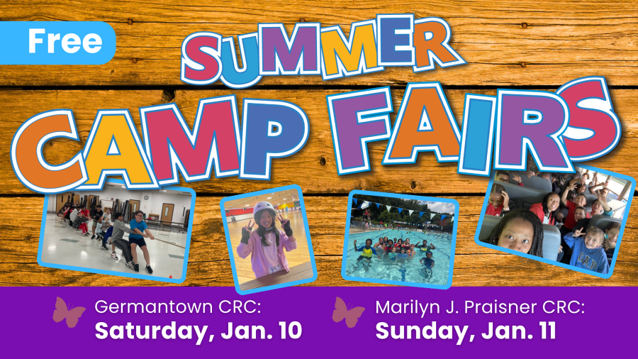 Photo collage of summer camp activities with campers. Text: Free Summer camp fairs. Germantown CRC: Saturday, Jan. 10, Marilyn J. Praisner CRC: Sunday, Jan. 11.