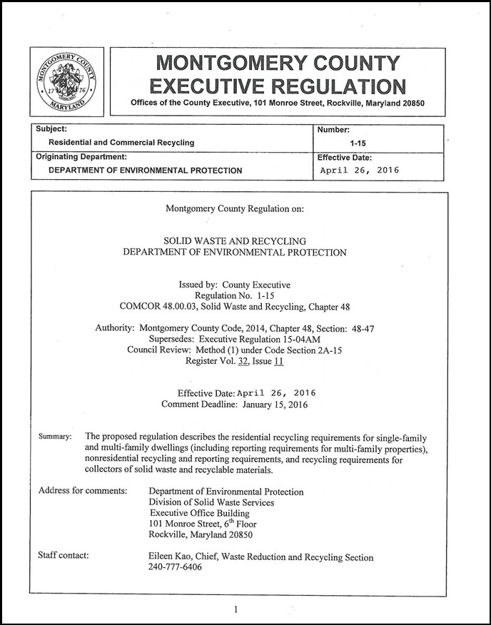 Graphic of Montgomery County Executive Regulation 1-15.