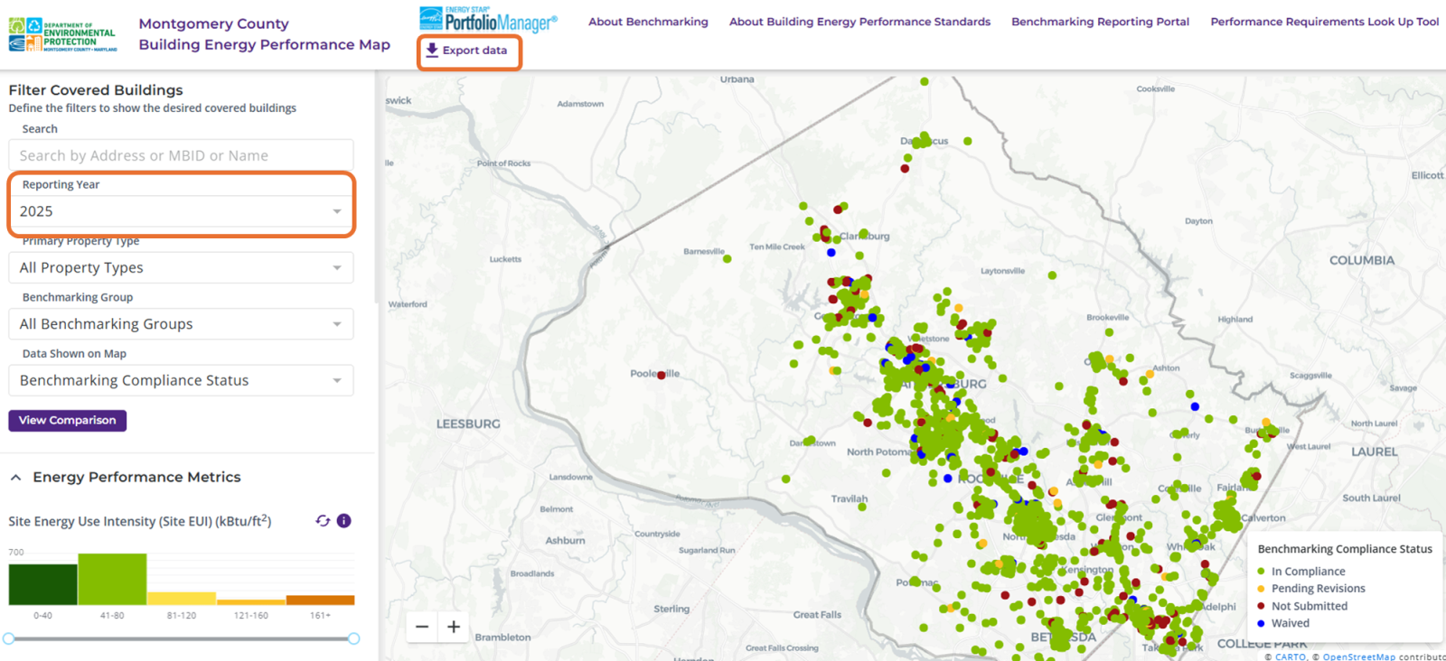 Use the export button on the map to export data