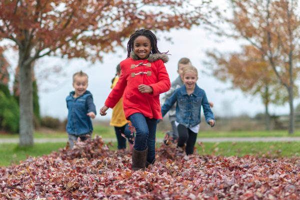 children walking through a pile of fallen leaves