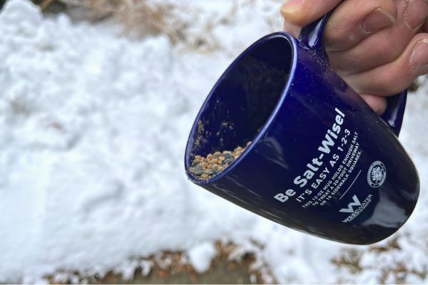 Man tilting a blue mug full of salt against a background of snow on sidewalk. The mug has the following text: Be Salt-Wise! It's easy as 1-2-3. This 12-oz. mug holds enough salt to treat a 20-foot driveway or 10 sidewalk squares. Below the text is the WSSC Water logo, the Montgomery County Maryland seal.