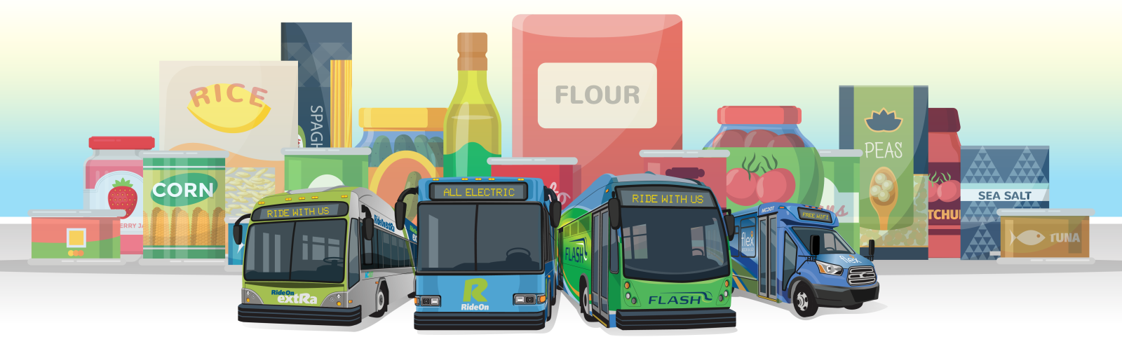 buses with canned food as background
