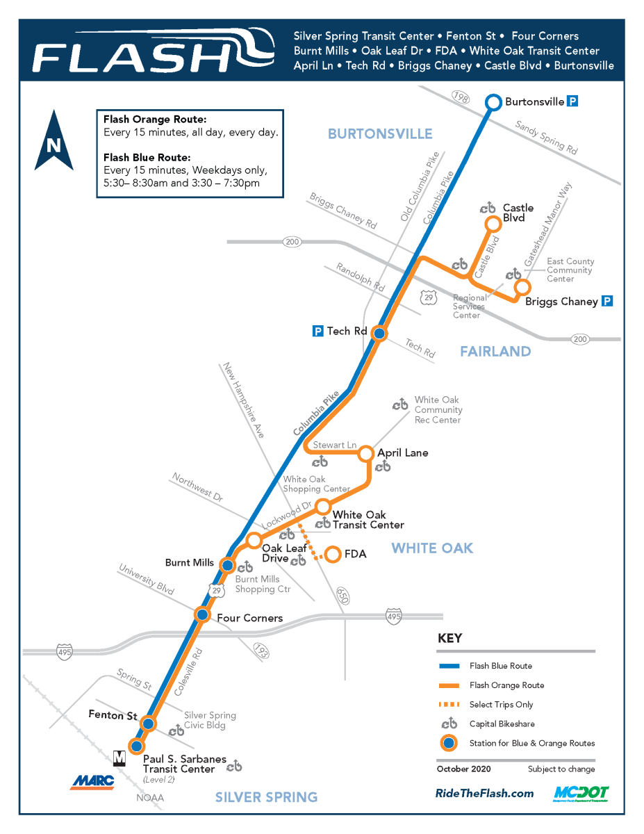 Map of US 29 Flash Bus Rapid Transit Lines: Everyday Orange Route and Weekday Rush Hour Blue Route, with stops listed. Stops and timing listed in text above..