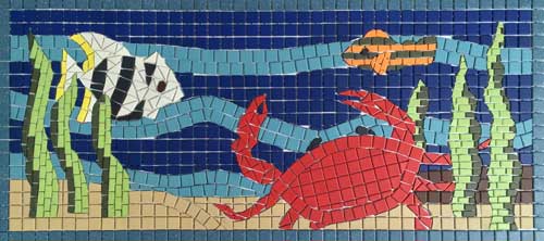 Mosaic of crab on ocean floor with fish.