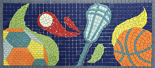 Mosaic of lacrosse stick .and ball; soccer call; basketball.
