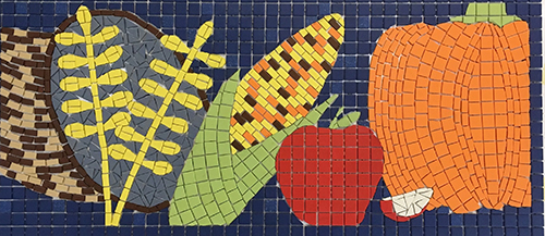 Mosaic of grain, corn, apple, and pumpkin.