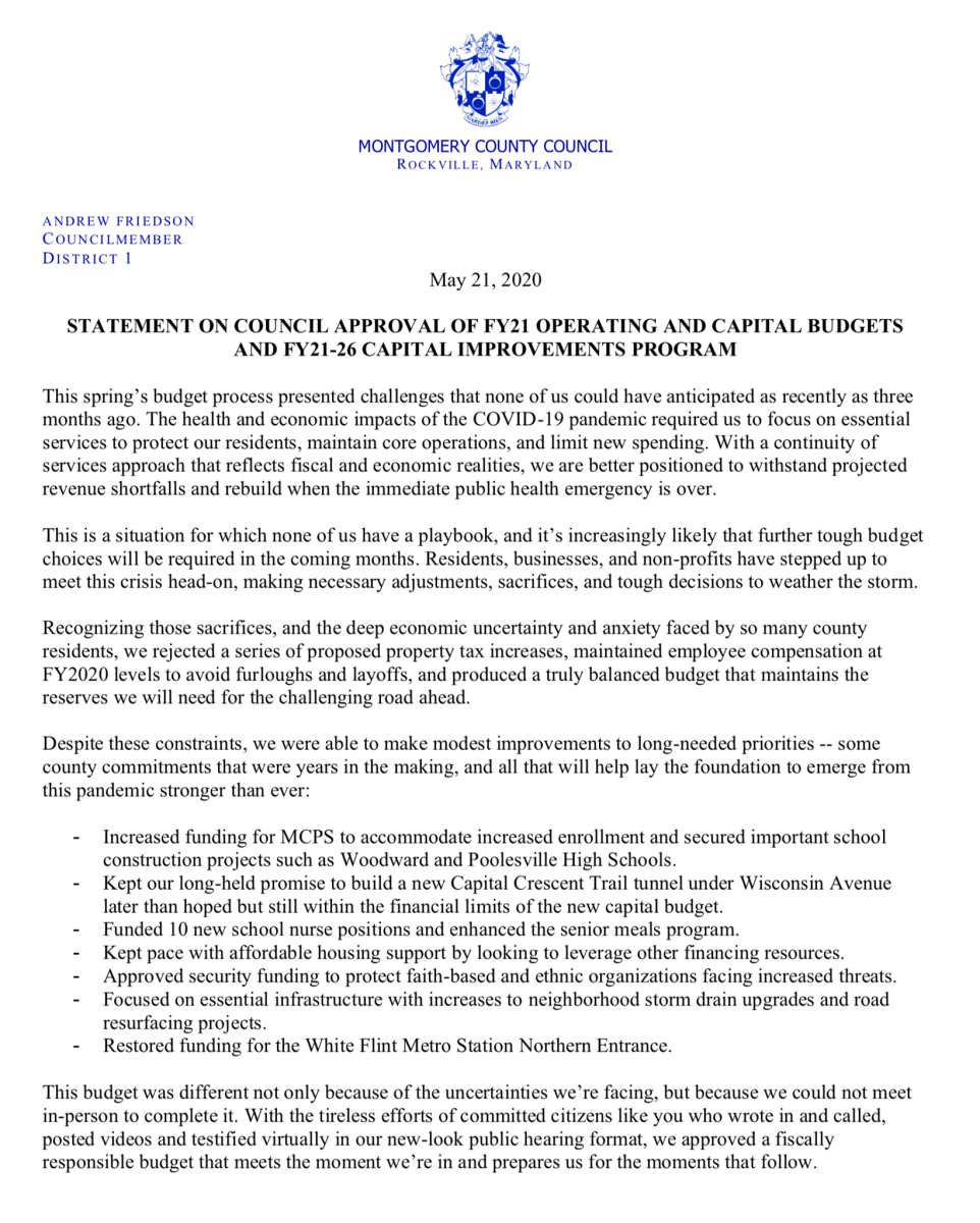 Statement on Council Approval of FY21 Budgets and FY21-26 Capital Improvements Program