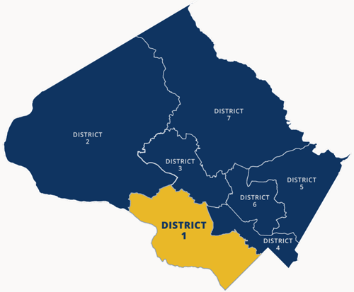 District 1 map includes Glen Echo, Chevy Chase, Bethesda, Potomac, Darenstown, Poolesville, Seneca, Dickerson, Whites Ferry