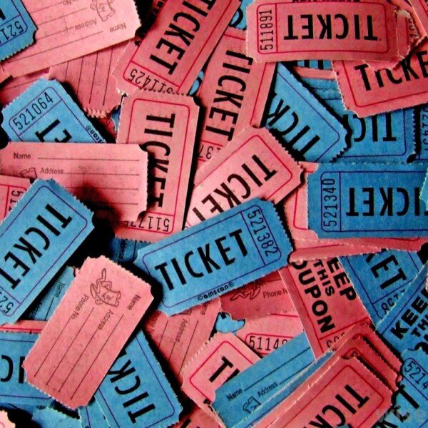 Pile of torn off red and blue raffle tickets