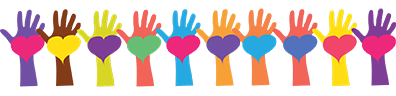 Row of outstretched hands in different colors. The palm of each hand has a heart in a contrasting color.