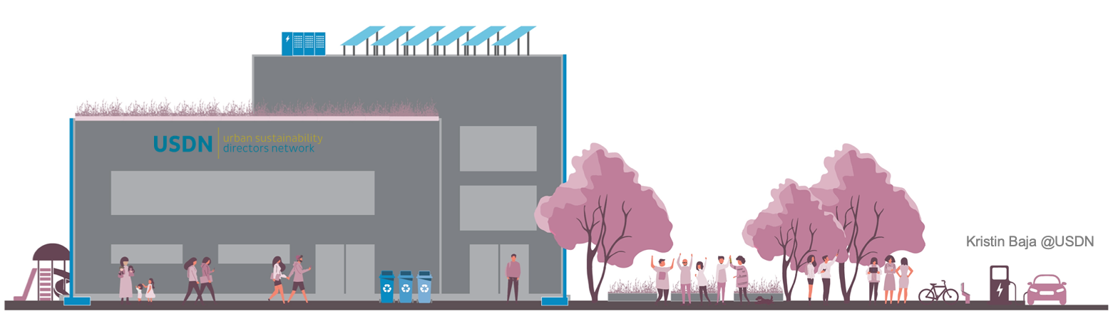 Graphic Image of a buidling that is a Resilience Hub with solar panels, green roof, trees, recycling containers, people, a car charging port, gardens and a playground