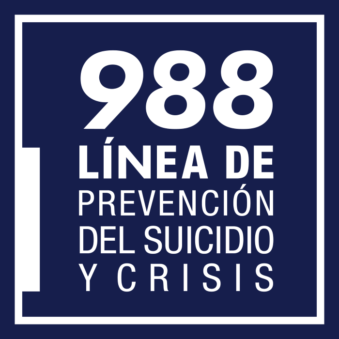 Cuadrado azul con un escrito que dice “988 linea de prevencion del suicidio y crisis”.