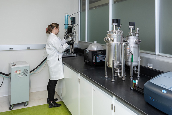worker standing at a lab bench, holding a glass sphere