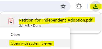 Instructions for downloading the adoption form using the chrome browser.