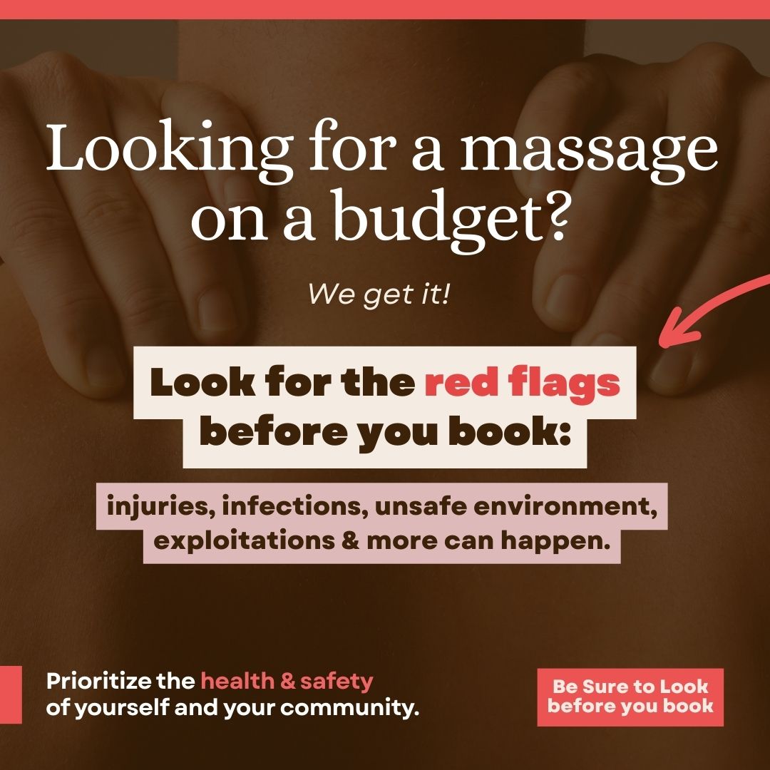 Looking for a massage on a budget? wet get it! look for the red flags before you book.  Not every spa is what they seem.  Injuries, infections, unsafe environments and more can happen.  Be sure to look before you book