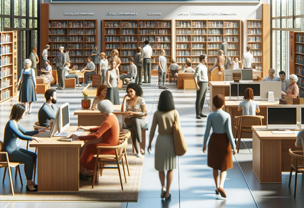 People walking and sitting at computers in a library. 