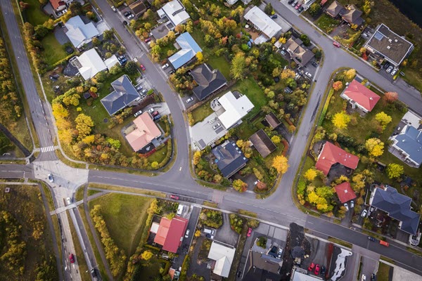 Aerial photo of a neighborhood community. 