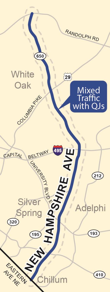 Alternative 1 map: The bus travels in mixed traffic along the entire corridor.