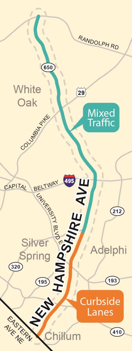 Alternative 2 map: The bus travels in mixed traffic with curbside bus lanes on the southern third of the corridor.
