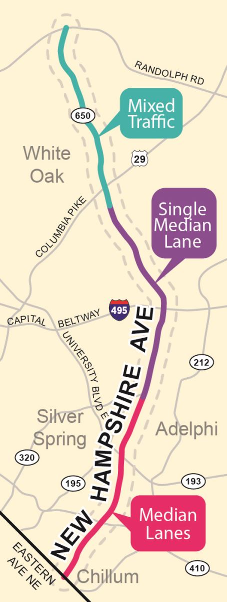 Alternative 3 map: The bus travels in median bus lanes in the southern section, a single median lane in the middle section, and mixed traffic in the northern section.