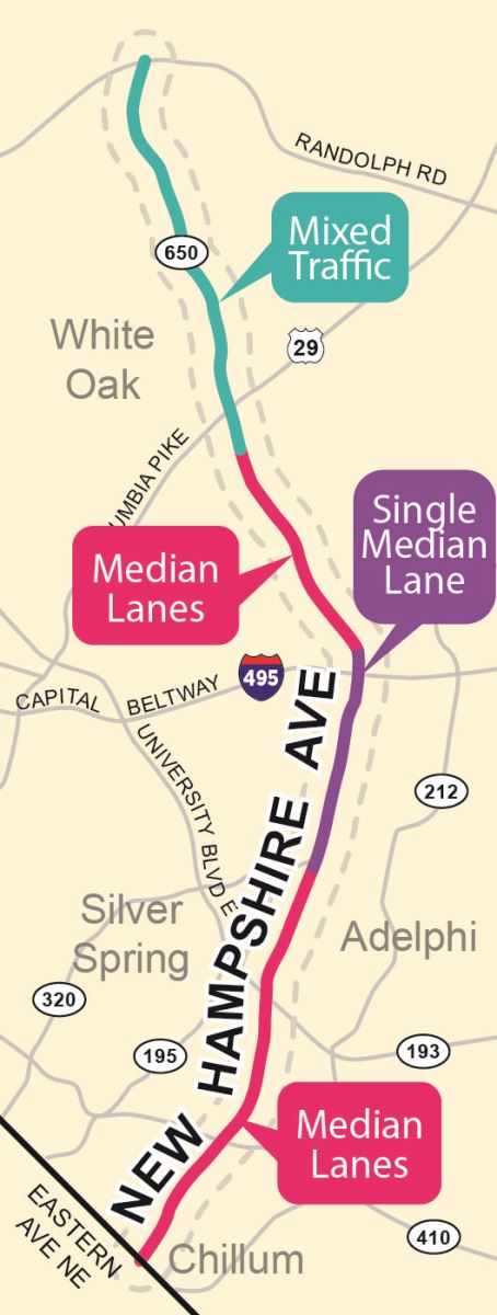 Alternative 4 map: Starting from the southern end (MD-DC line), the bus travels in median bus lanes, then a single median bus lane before 495, then switches back to double median lanes and travels in mixed traffic in the northern section.