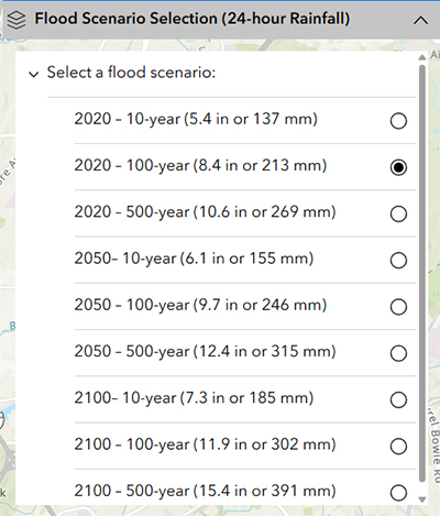 Flood Scenario Selection (24-hour Rainfall). Select a flood scenario: 2020 - 10-year (5.4 in or 137 mm), 2020 - 100-year (8.4 in or 213 mm), 2020 - 500-year (10.6 in or 269mm), 2050 - 10 year (6.1 in or 155 mm), 2050 - 100-year (9.7 in or 246 mm), 2050 - 500-year (12.4 in or 315 mm), 2100 - 10-year (7.3 in or 185 mm), 2100 - 100-year (11.9 in or 302 mm), 2100 - 500-year (15.4 in or 391 mm)