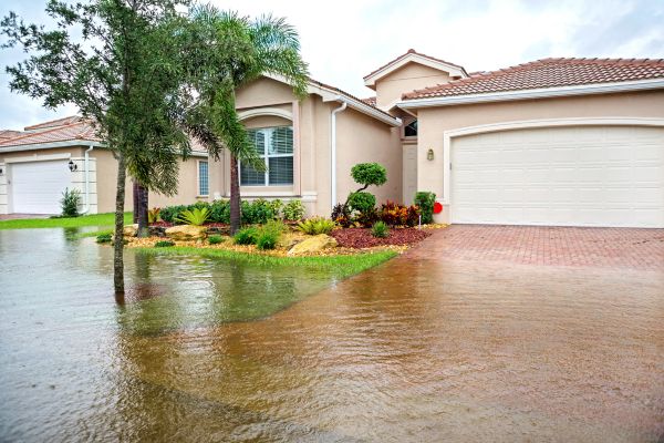 Single family home with flood front yard and driveway.