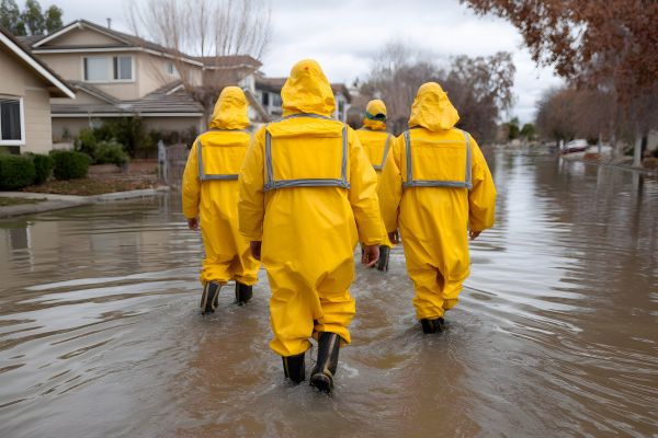 Four emergency personnel in yellow suits with reflective stripes and black boots wading down a flooded residential road.