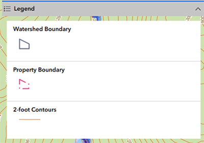 Map legend: Watershed Boundary, Property Boundary, 2-foot Contours. A screenshot of a computer AI-generated content may be incorrect.