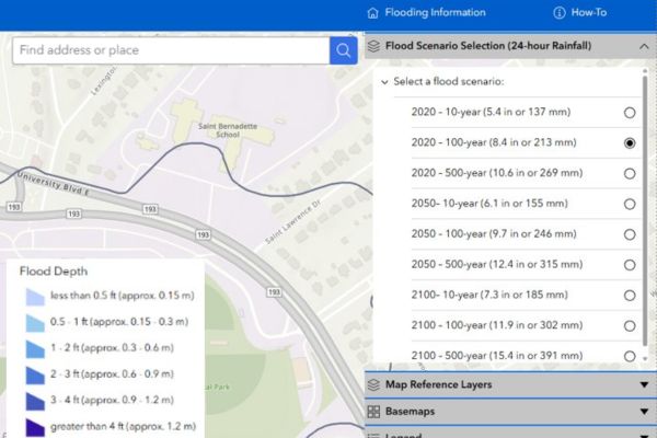 Screenshot of Flooding Risk Explorer with flood depth legend and flood scenario selection menu.